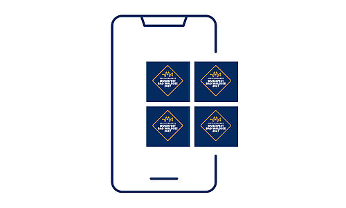 Musikverein Bad Waldsee Display Werbung Grafische Darstellung eines Smartphones mit vier kleinen Quadraten daneben, die alle das Logo und den Schriftzug "Museumstag Deutschland 2023" zeigen.