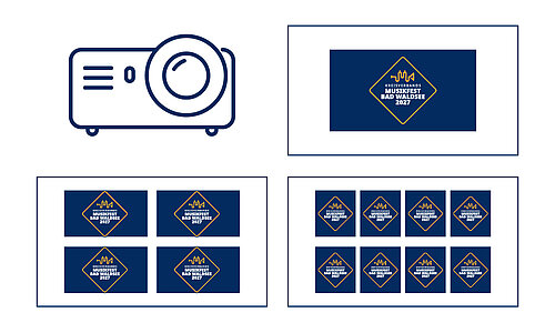 Werbung Musikverein Bad Waldsee Diagramm zeigt verschiedene Größen und Anordnungen eines Logos mit der Aufschrift „BESTER WACKELTEST 2023“ auf dunkelblauem Hintergrund, begleitet von einer Projektionstasche oben links.