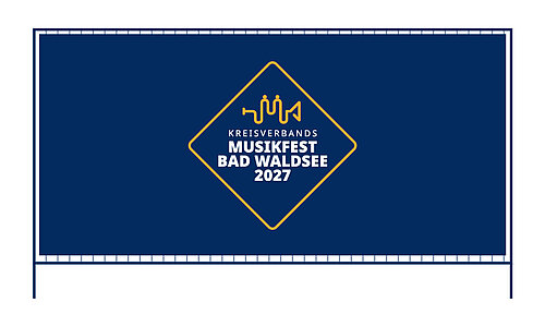 Werbebanner Musikverein Bad Waldsee Banner mit Hinweis auf das Musikfest des Kreisverbands Bad Waldsee im Jahr 2027, dargestellt in weißer Schrift auf blauem Hintergrund mit gelbem Rahmen.