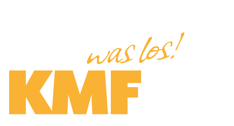Logo des KMF Logo mit dem Text „Do isch was los! KMF 27“ in auffälliger gelber und weißer Schrift auf schwarzem Hintergrund.